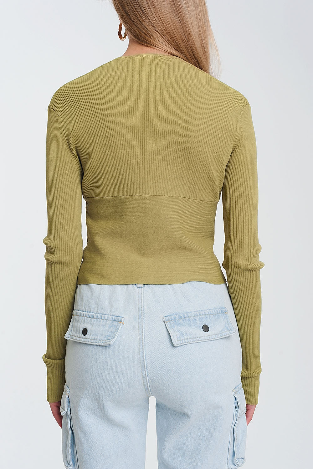 V-Neck Ribbed Sweater in Green