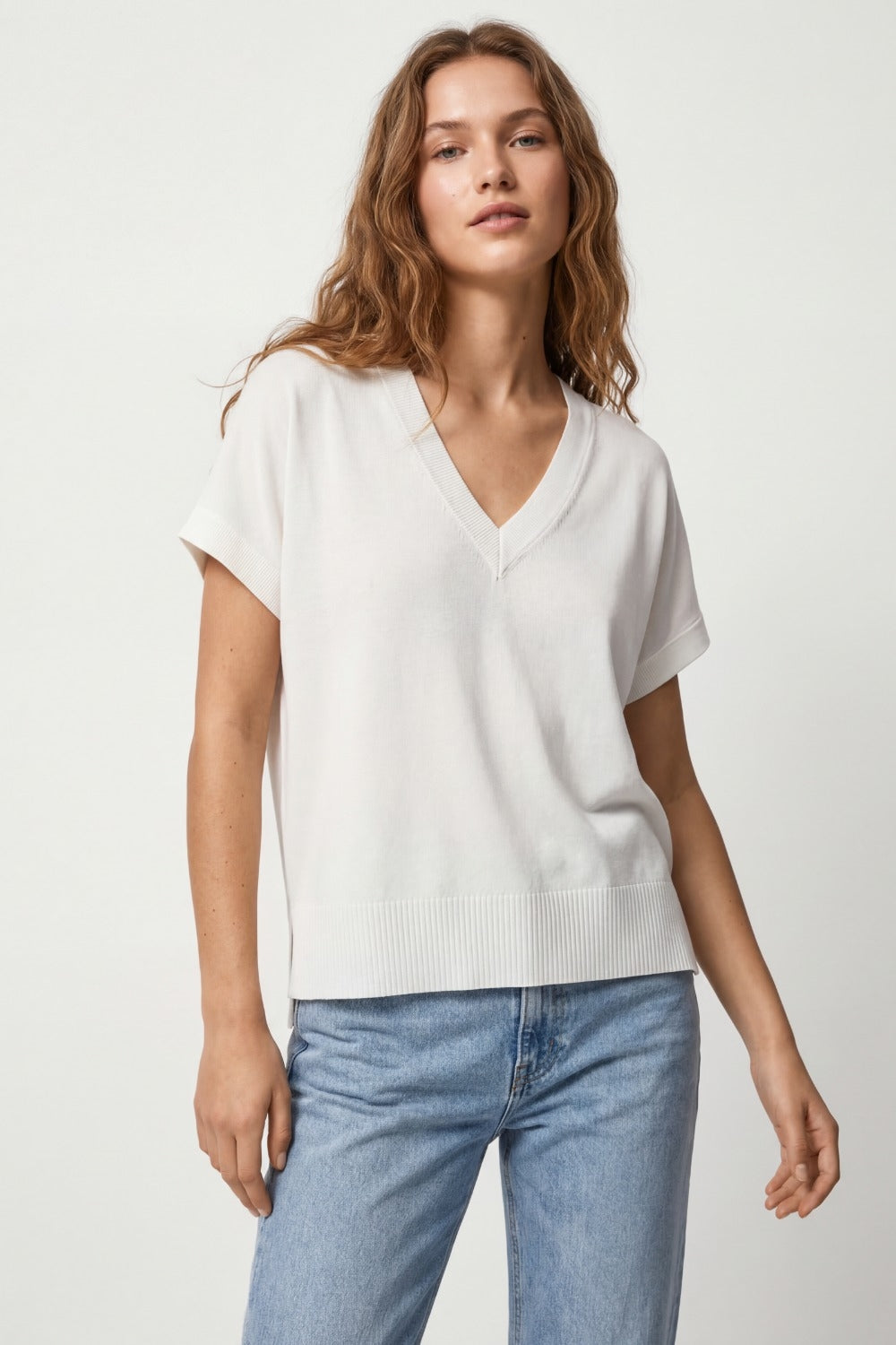 V-Neck Short Sleeve fine Knit sweater in white color