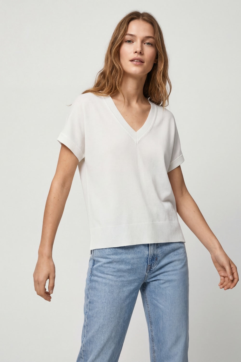 V-Neck Short Sleeve fine Knit sweater in white color