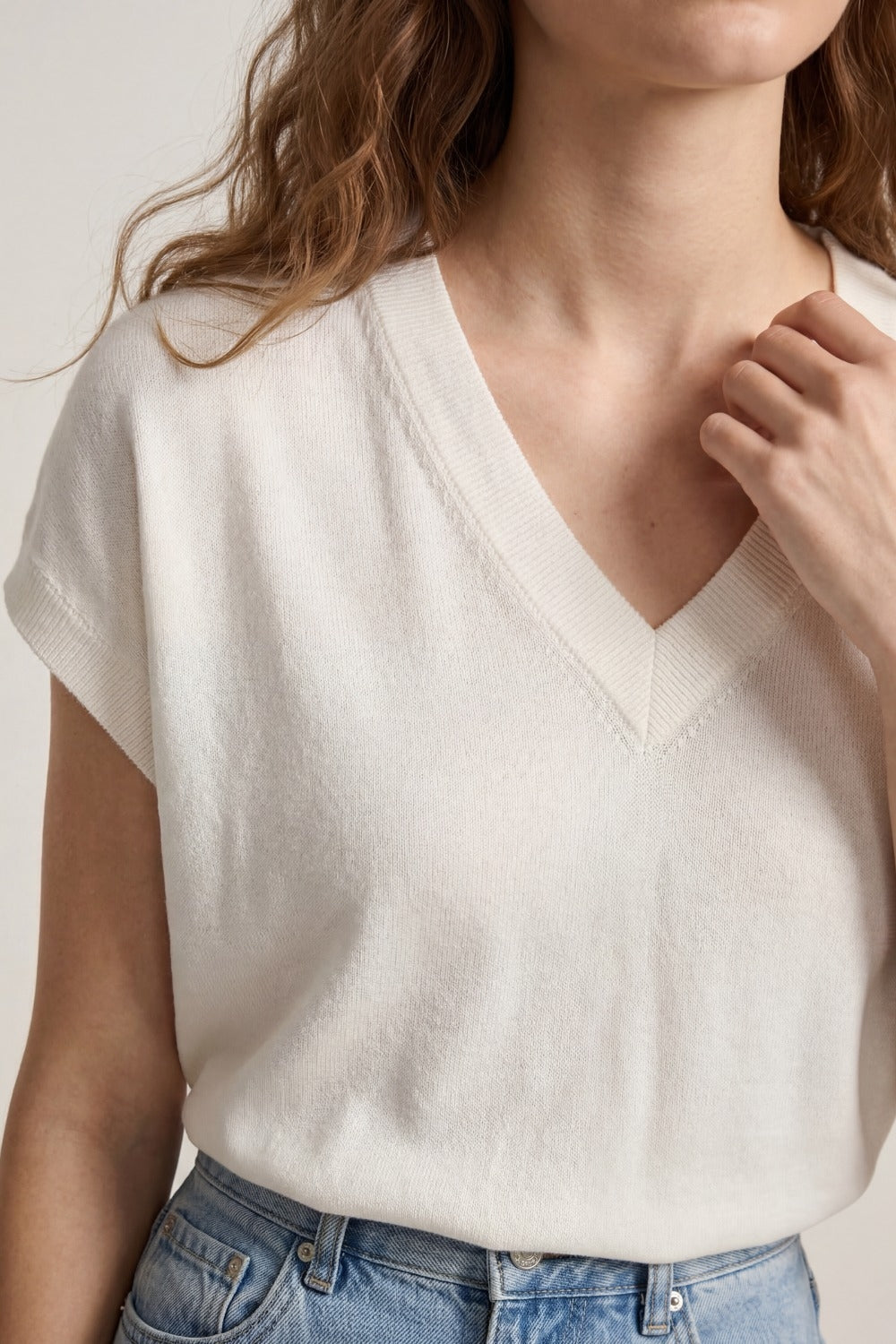 V-Neck Short Sleeve fine Knit sweater in white color