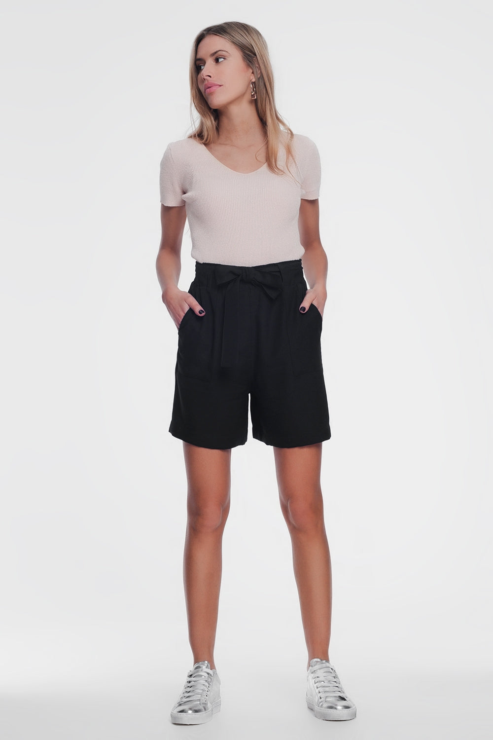 V-Neck Short Sleeve Jumper in Fine Knit Rib Pink