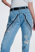 Q2 vintage ripped straight jeans with studs and chains