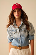 Q2 wash Denim overshirt With Chest Pockets And Embroidered strass Details