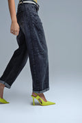 Washed Black Barrel Jeans With Seam Detail