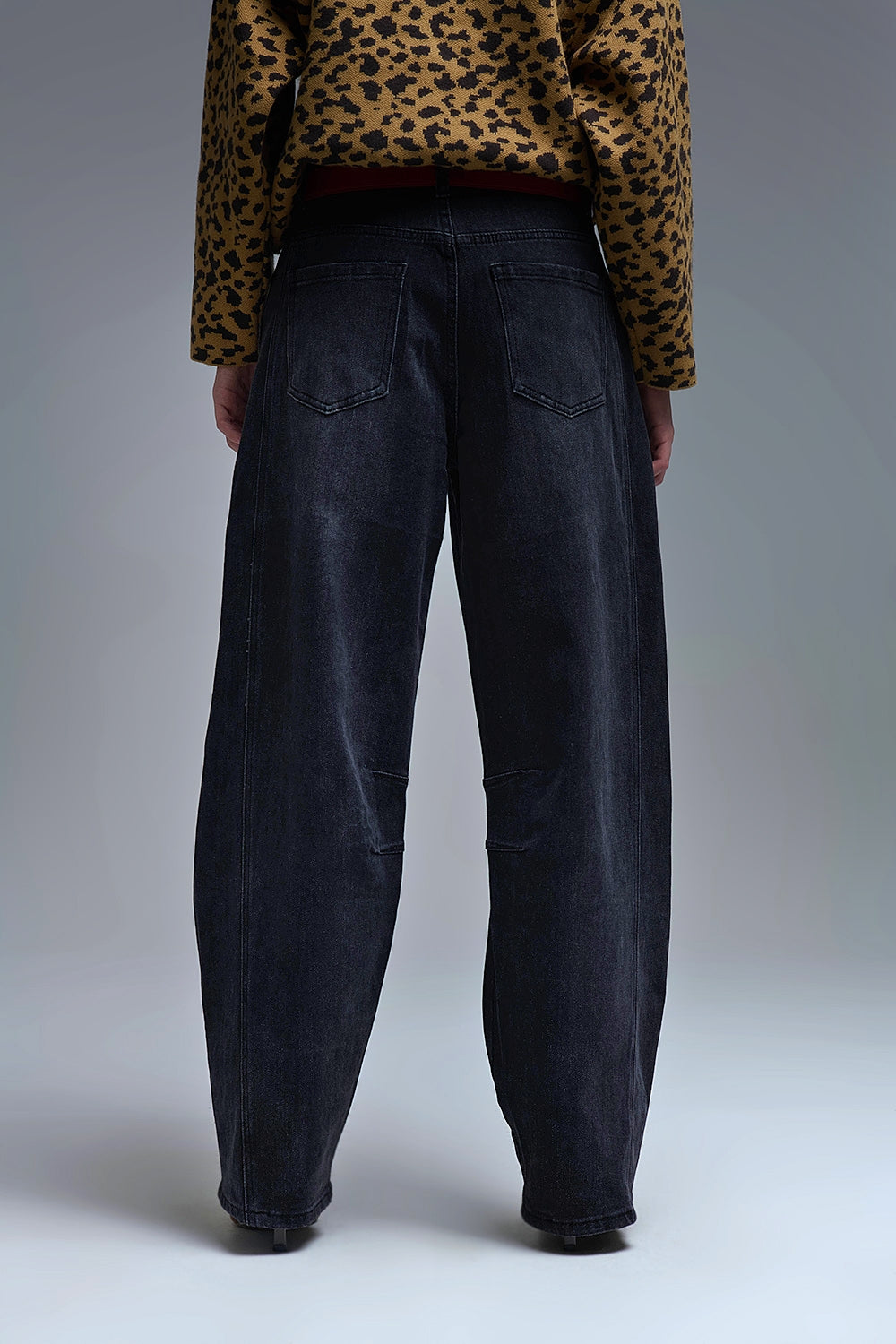 Washed Black Denim Barrel Jeans