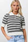 White and Black Striped Sweater With Polo Neck