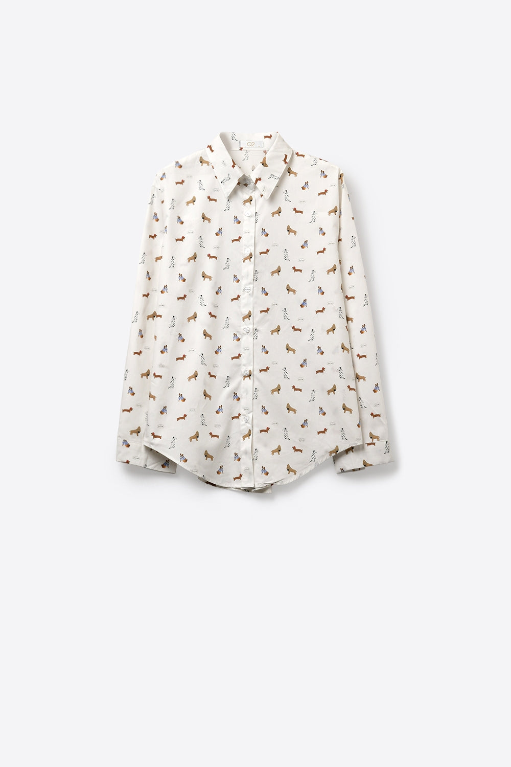 White Button-Up Shirt with Dog Print Pattern