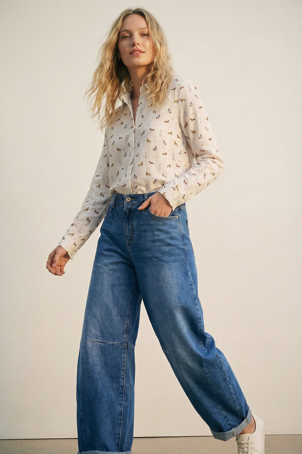 White Button-Up Shirt with Dog Print Pattern