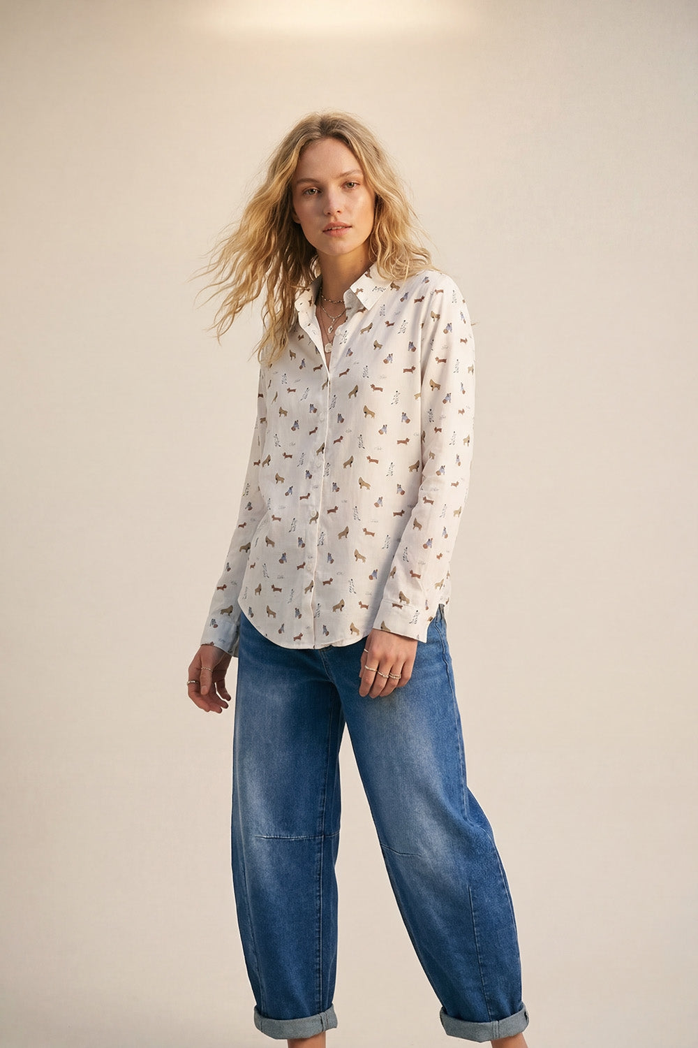 White Button-Up Shirt with Dog Print Pattern
