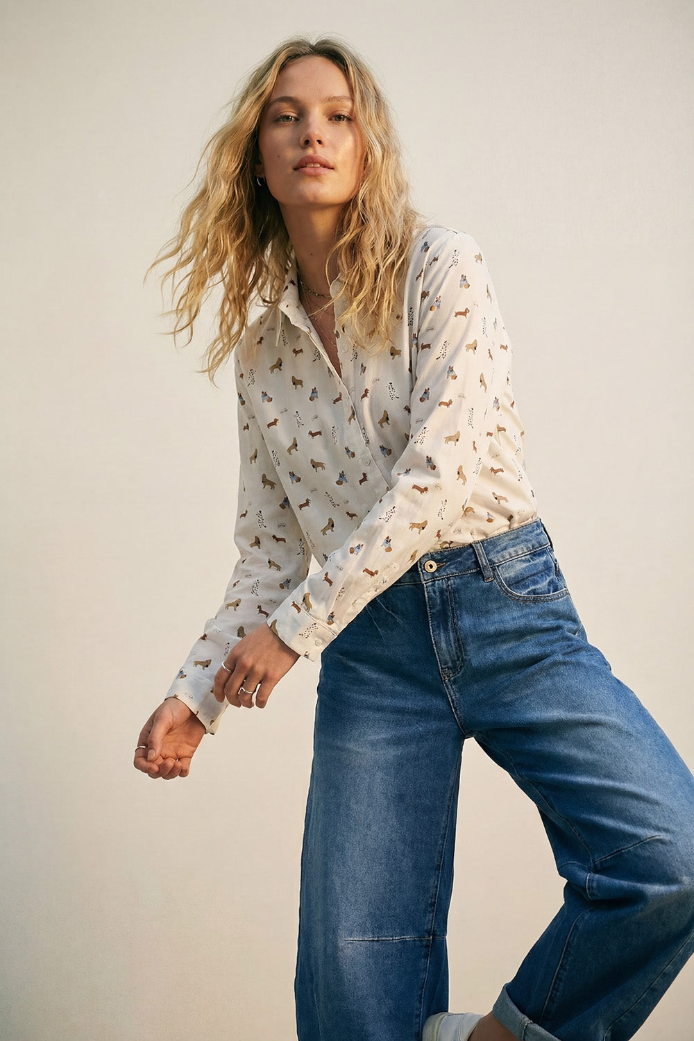 White Button-Up Shirt with Dog Print Pattern