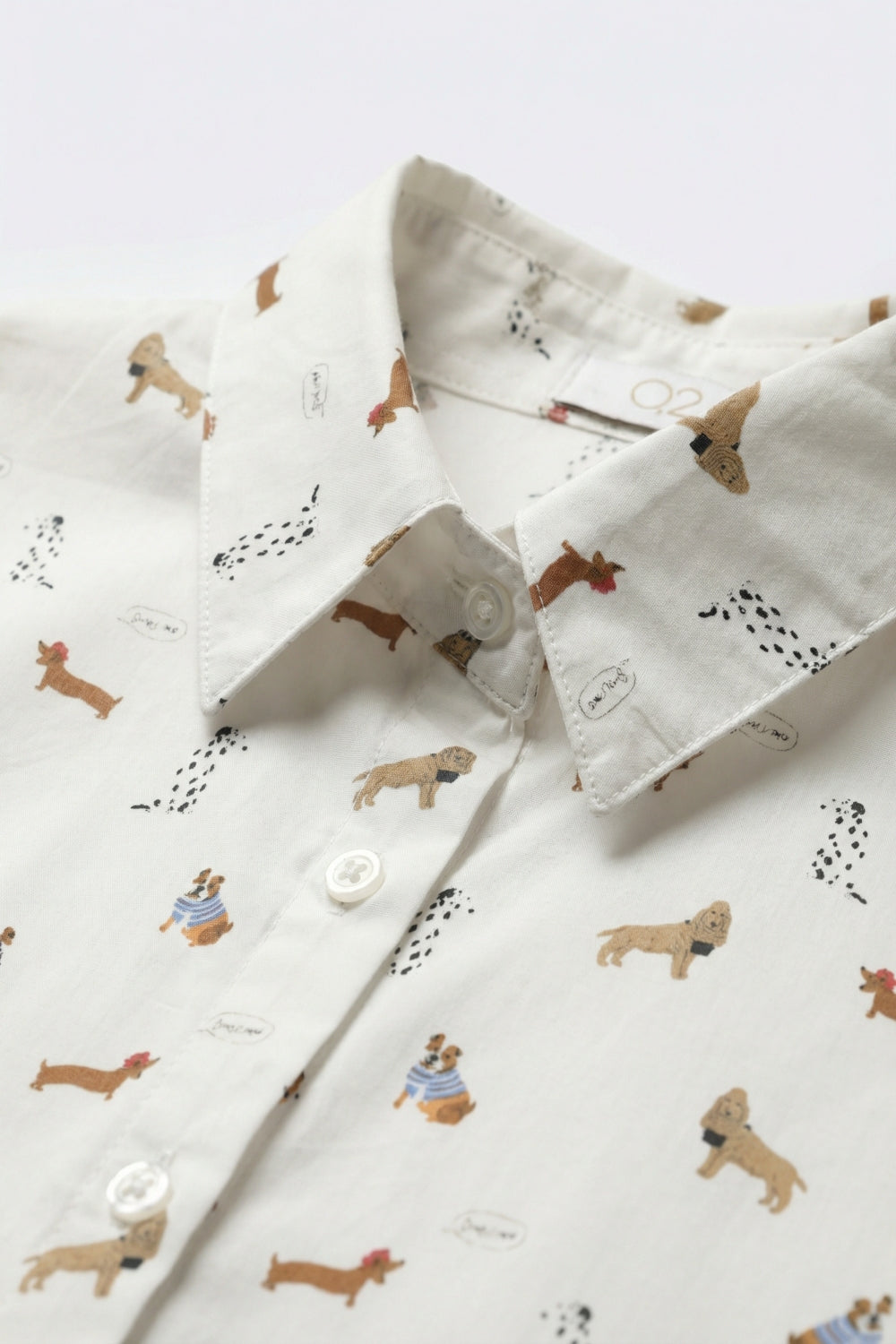 White Button-Up Shirt with Dog Print Pattern