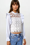 Q2 white Crochet Top with Ruffle Trim and long sleeves