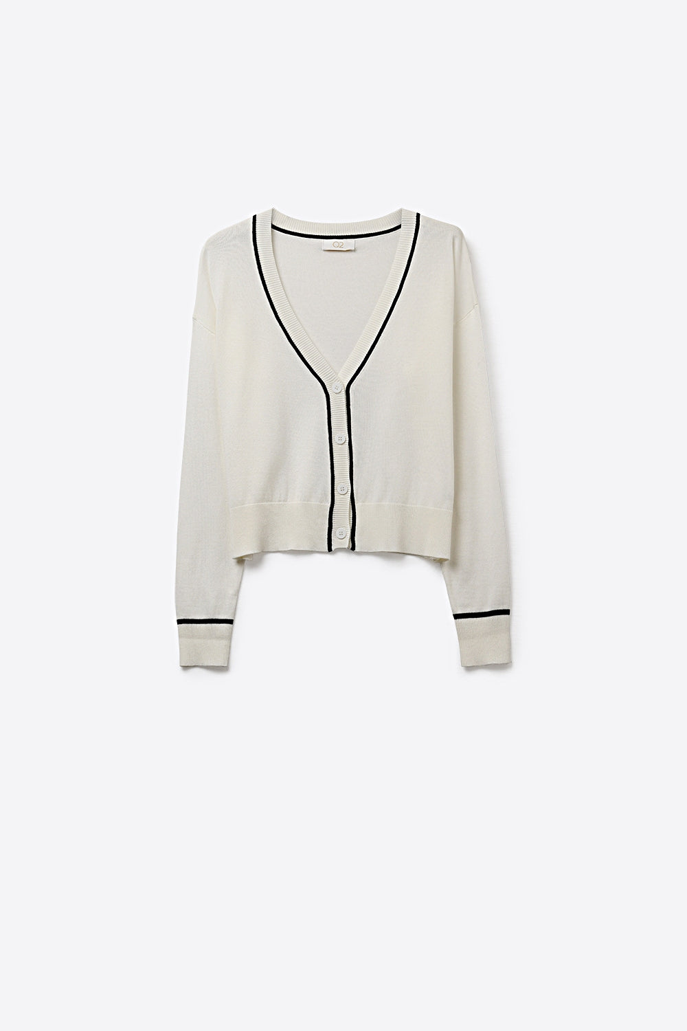 Q2 White Fine Knit Cardigan with Contrast Trim in black