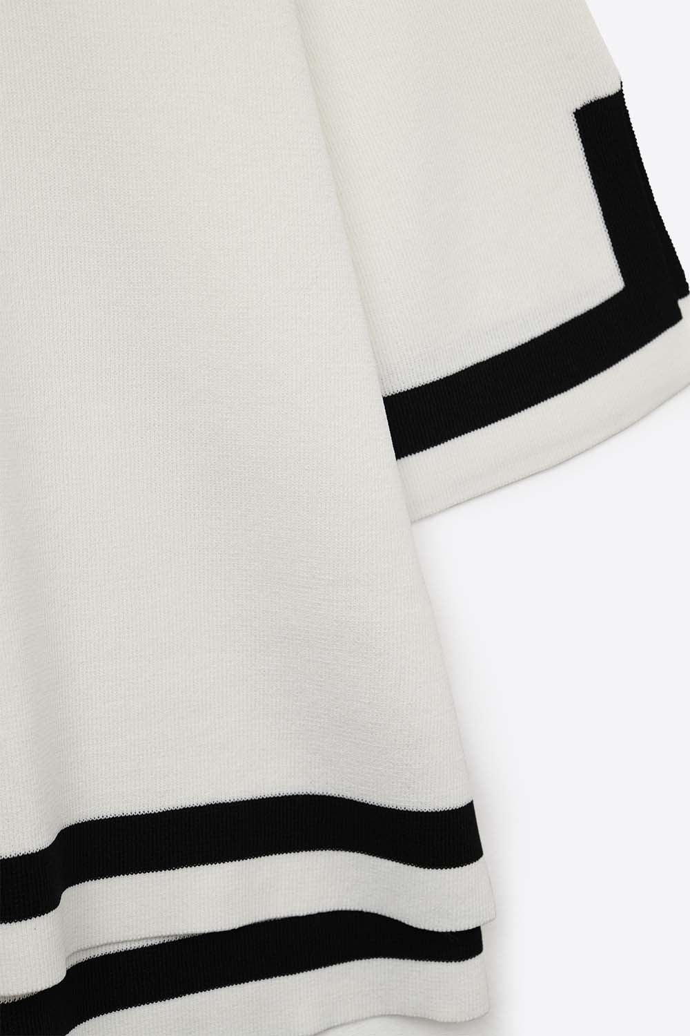 White Fine Knit Top with Contrast Stripe in black Detail and 3/4 Sleeves