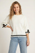 White Fine Knit Top with Contrast Stripe in black Detail and 3/4 Sleeves