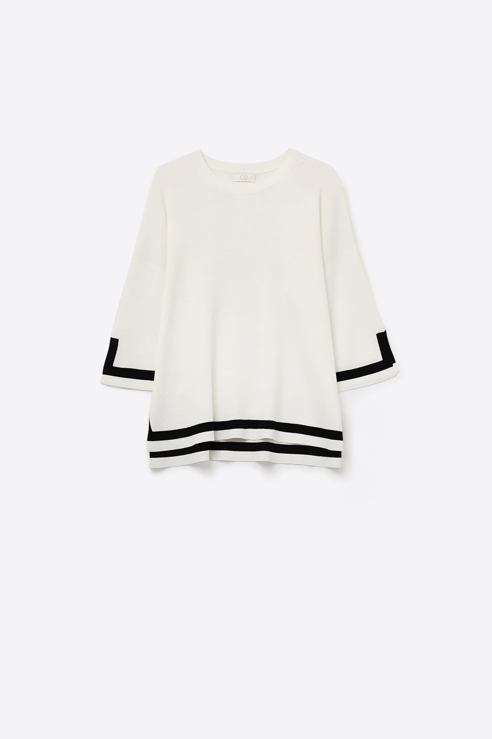 Q2 White Fine Knit Top with Contrast Stripe in black Detail and 3/4 Sleeves