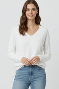 White Fine Knit V-Neck Sweater with Subtle Linear Texture