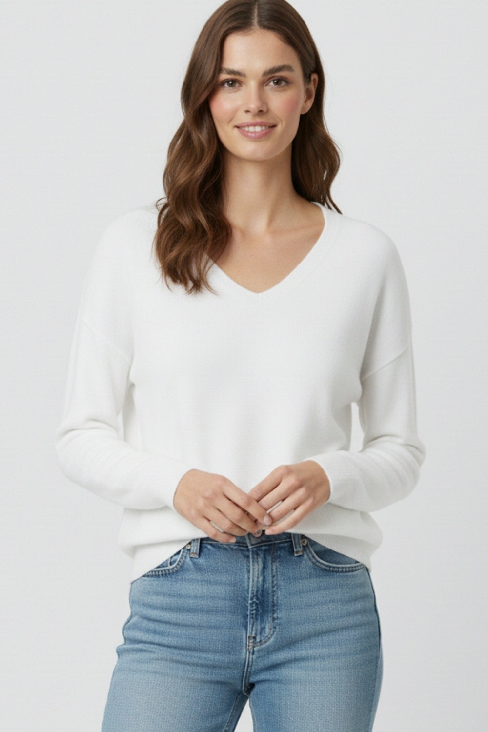 White Fine Knit V-Neck Sweater with Subtle Linear Texture