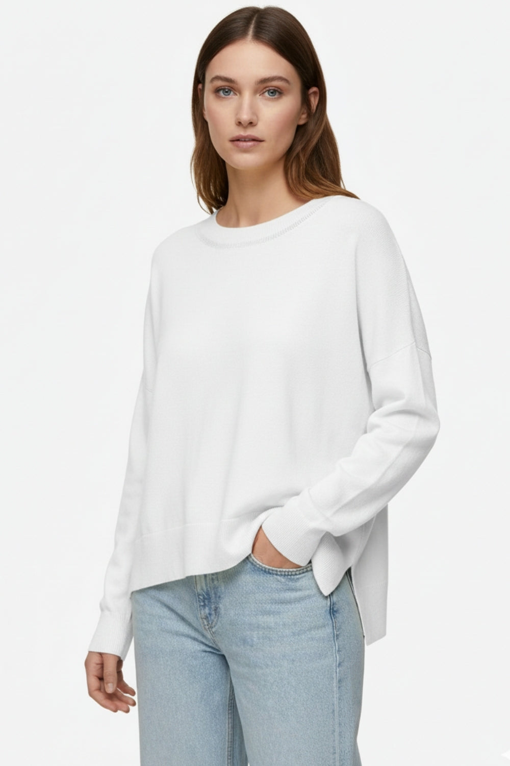White knit sweater with mesh collar detail