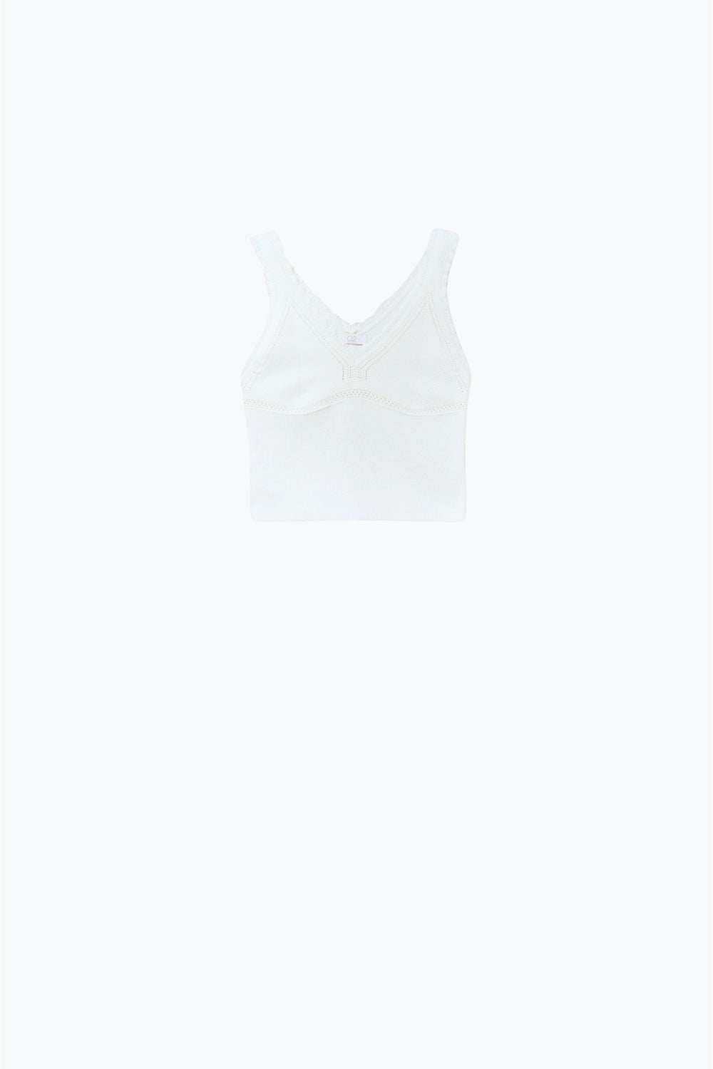 Q2 White Knit V-Neck Top with Scalloped Edges