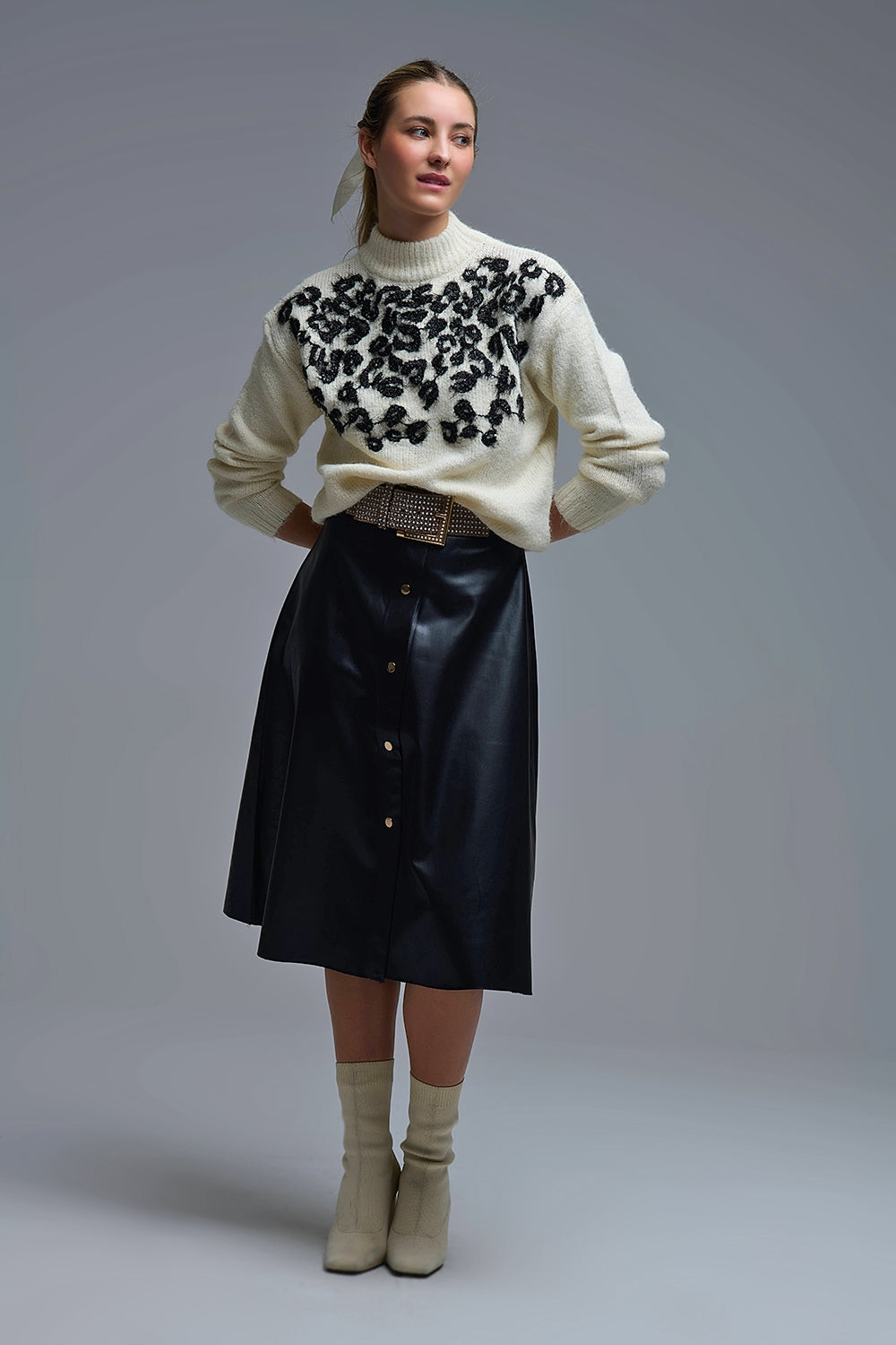 White Knitted Sweater with Abstract Design