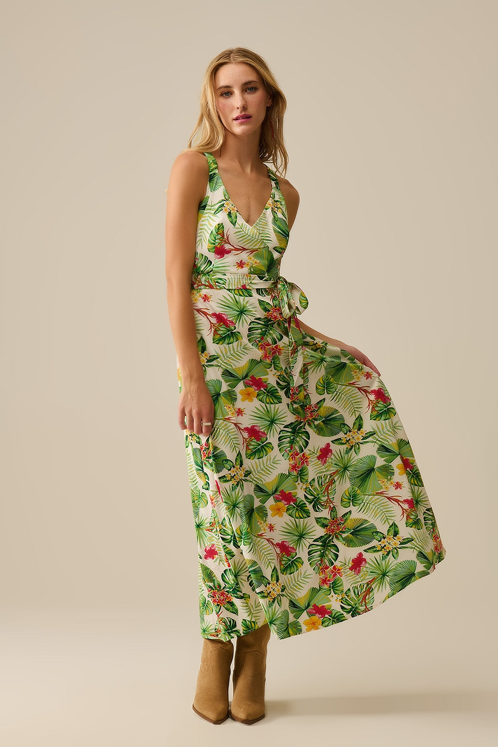 White Long Wrap Dress with Tropical Print
