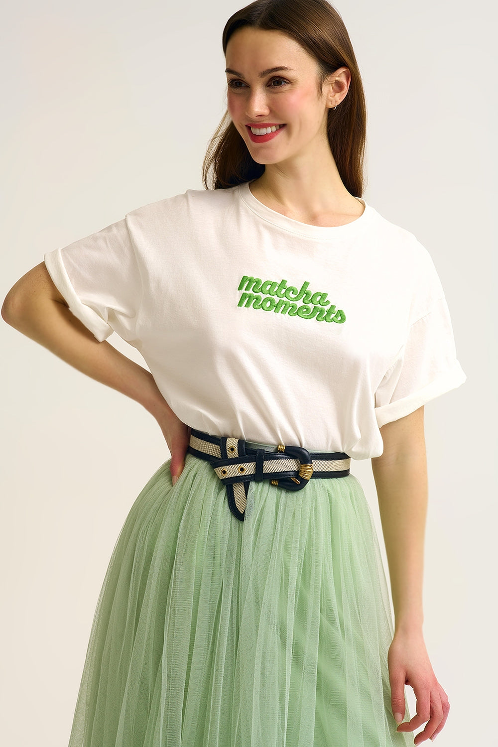 Q2 White Matcha Moments Embroidered Tee in Green