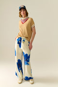 UNIKCOSA white Palazzo Pants With Blue Tropial Flower Print and Matching Belt