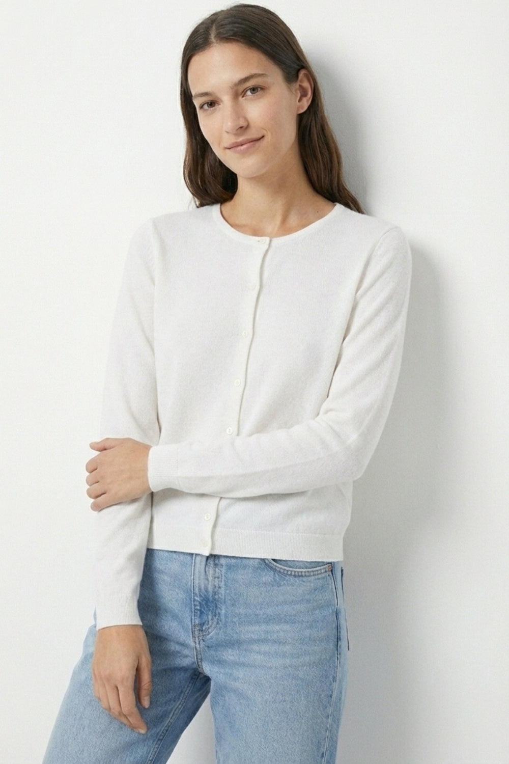 White Ribbed Knit Cardigan with Mother-of-Pearl Buttons