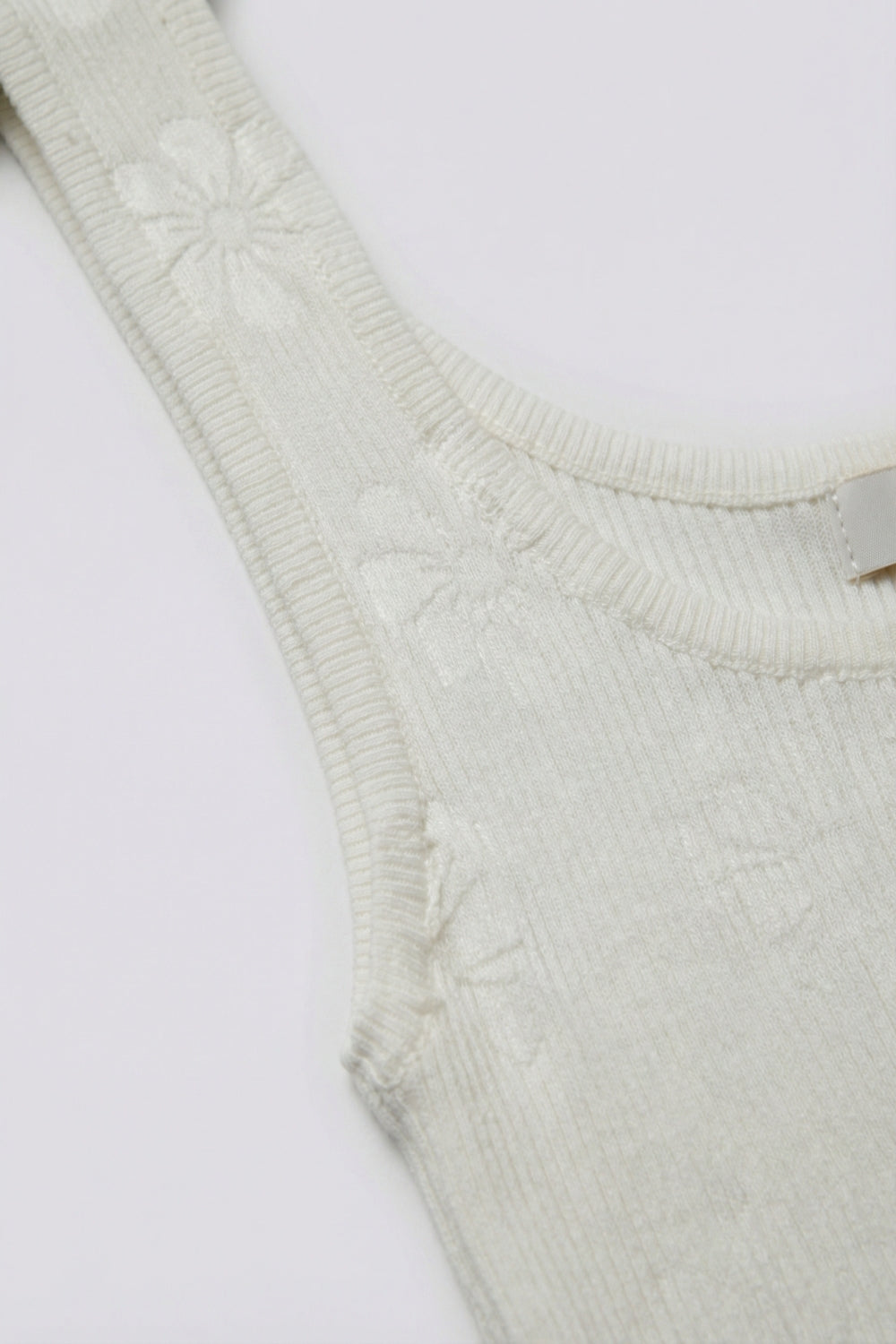 White Ribbed Knit Tank Top with Floral Detail