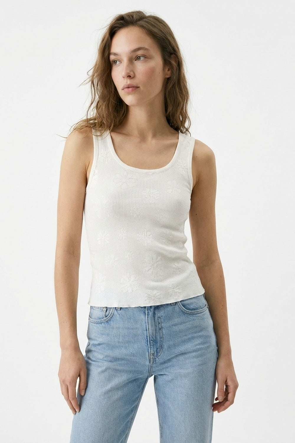 White Ribbed Knit Tank Top with Floral Detail