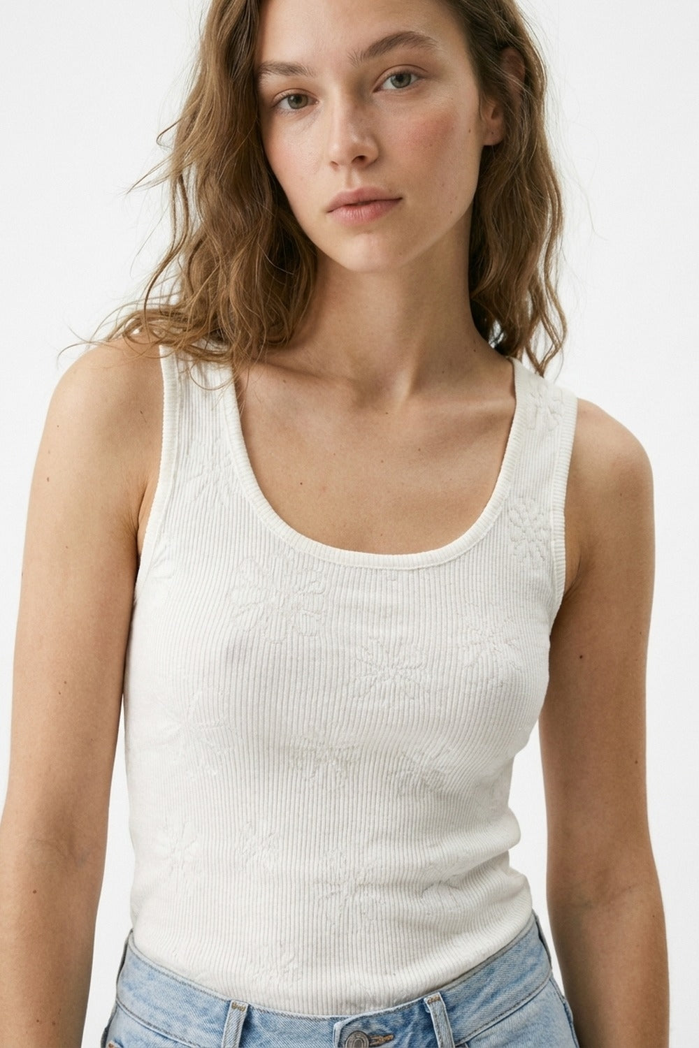 White Ribbed Knit Tank Top with Floral Detail