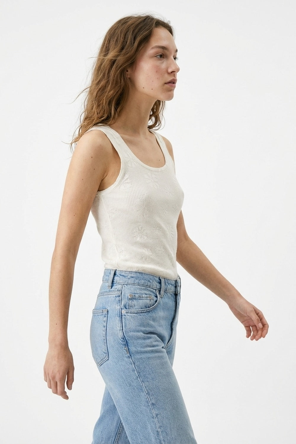 White Ribbed Knit Tank Top with Floral Detail