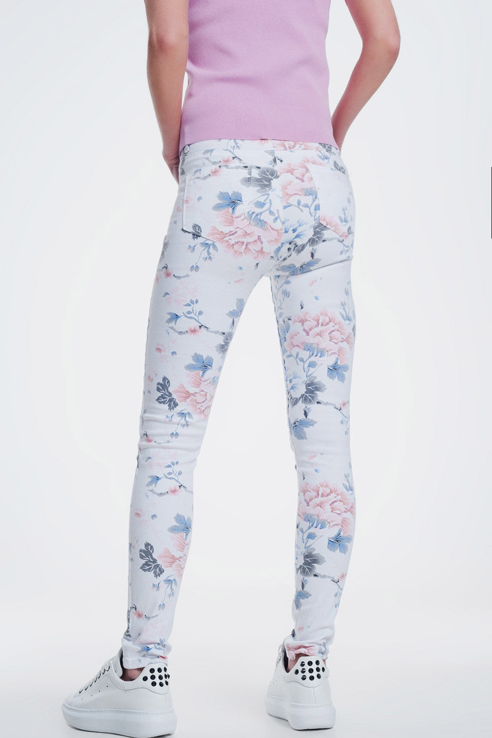 White Skinny Pants with Floral Print