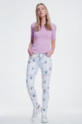 UNIKCOSA White Skinny Pants with Floral Print