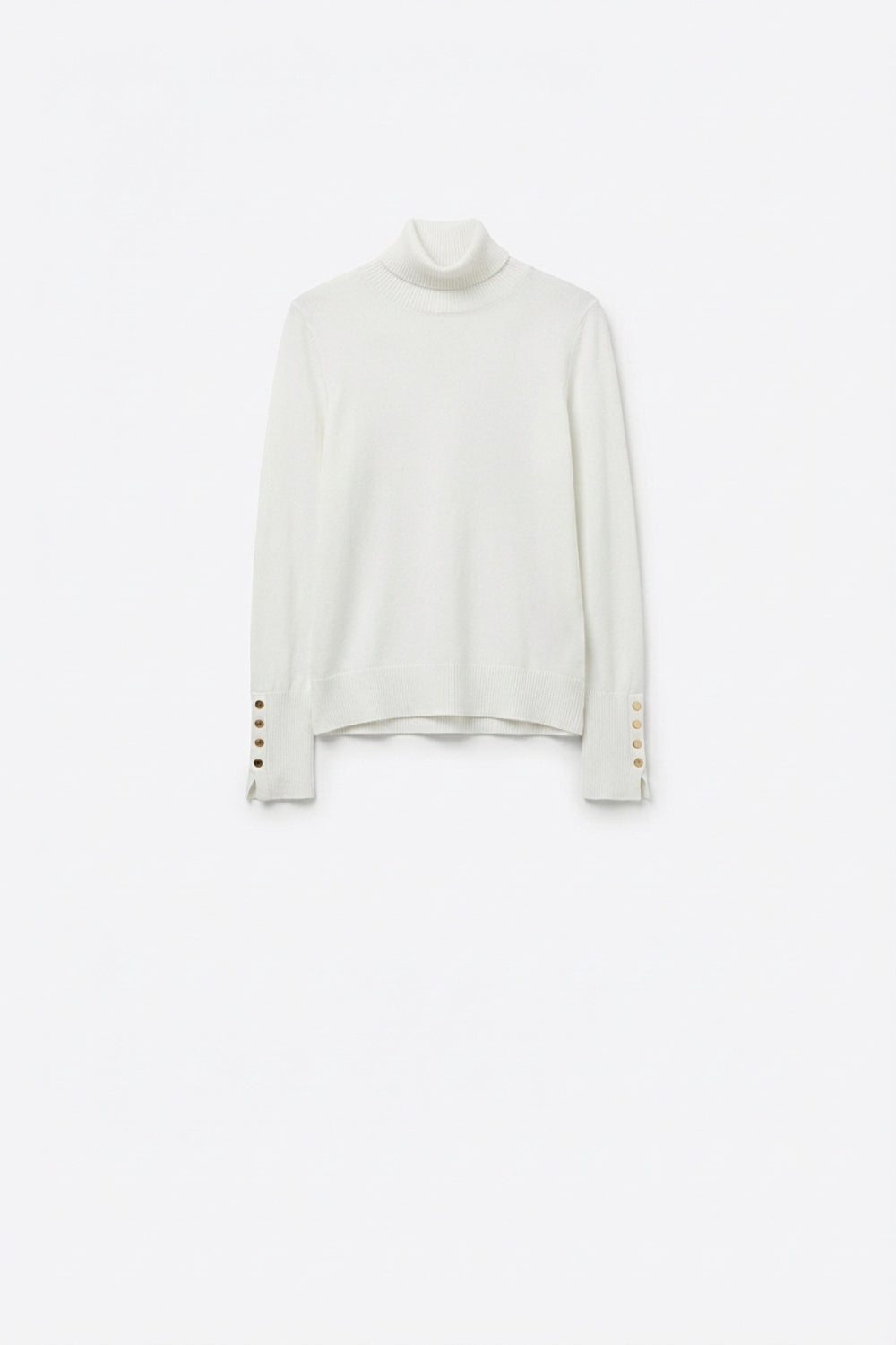 Q2 White turtleneck sweater with gold buttons on the cuff