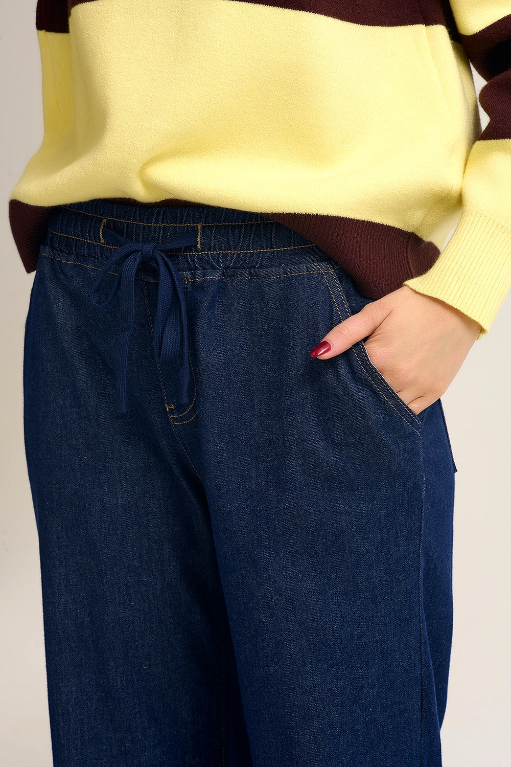 Wide-Leg Denim Pants with Adjustable Elastic Waist in dark wash