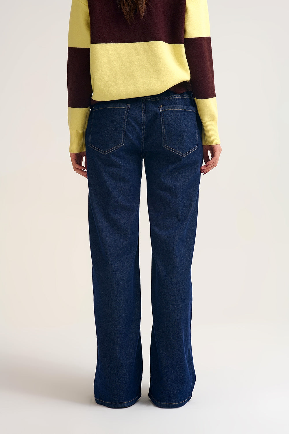 Wide-Leg Denim Pants with Adjustable Elastic Waist in dark wash