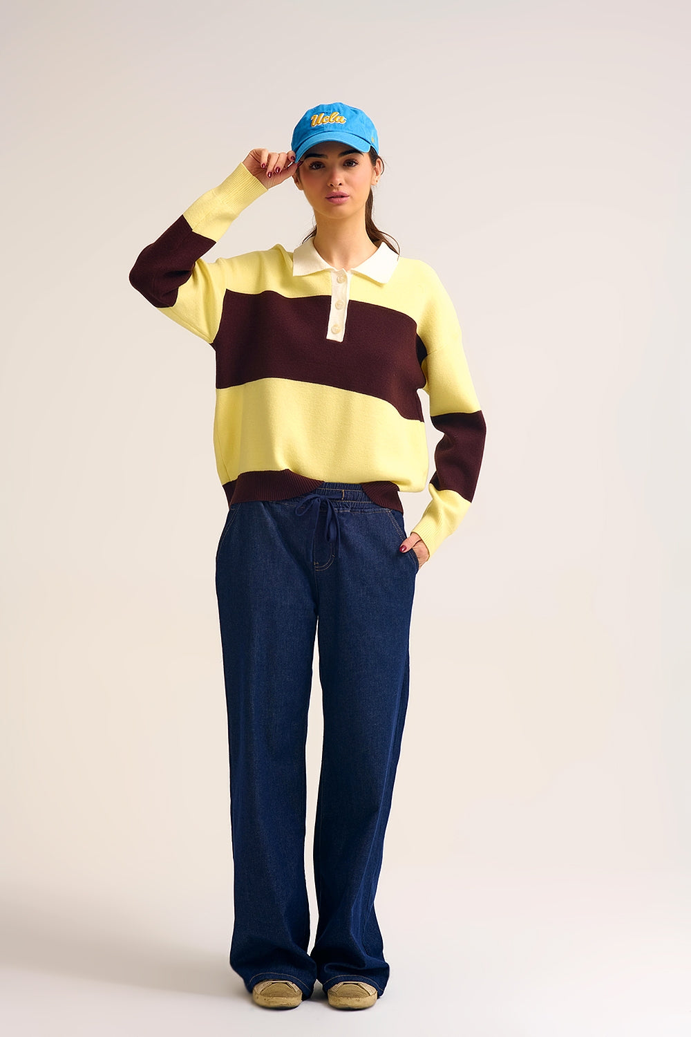 Wide-Leg Denim Pants with Adjustable Elastic Waist in dark wash