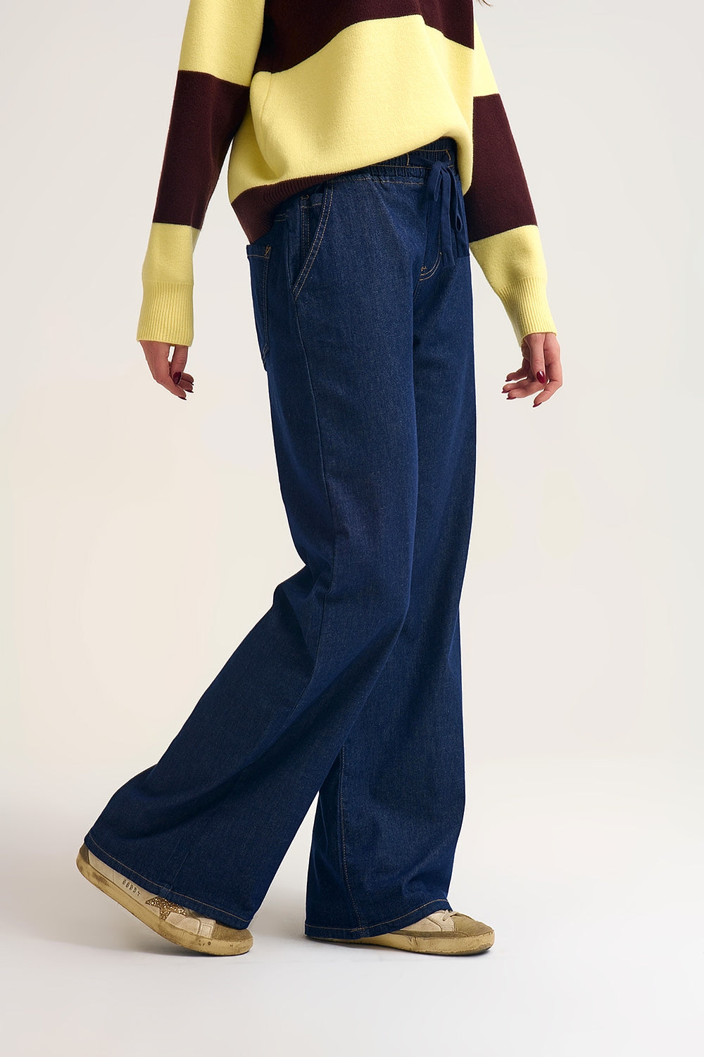 Wide-Leg Denim Pants with Adjustable Elastic Waist in dark wash