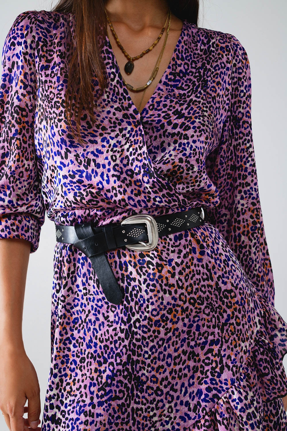 Wrap purple animal print dress with ruffle skirt