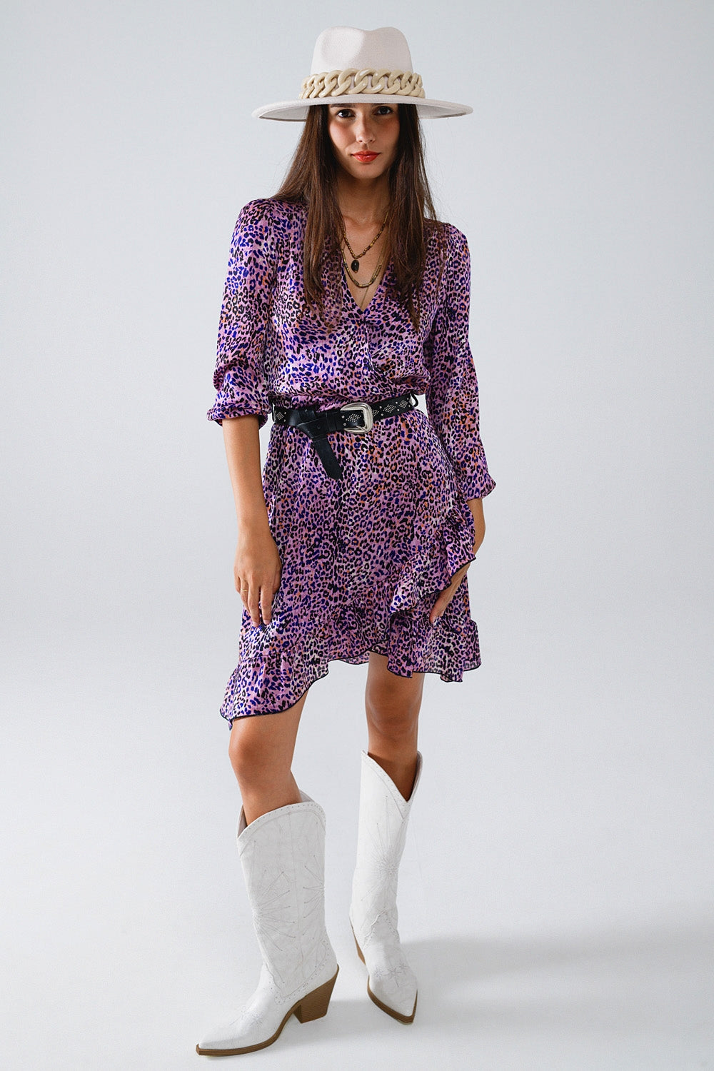 Wrap purple animal print dress with ruffle skirt