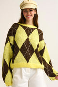 Q2 Yellow and Brown diamond Knit Sweater With Voluminous Sleeves