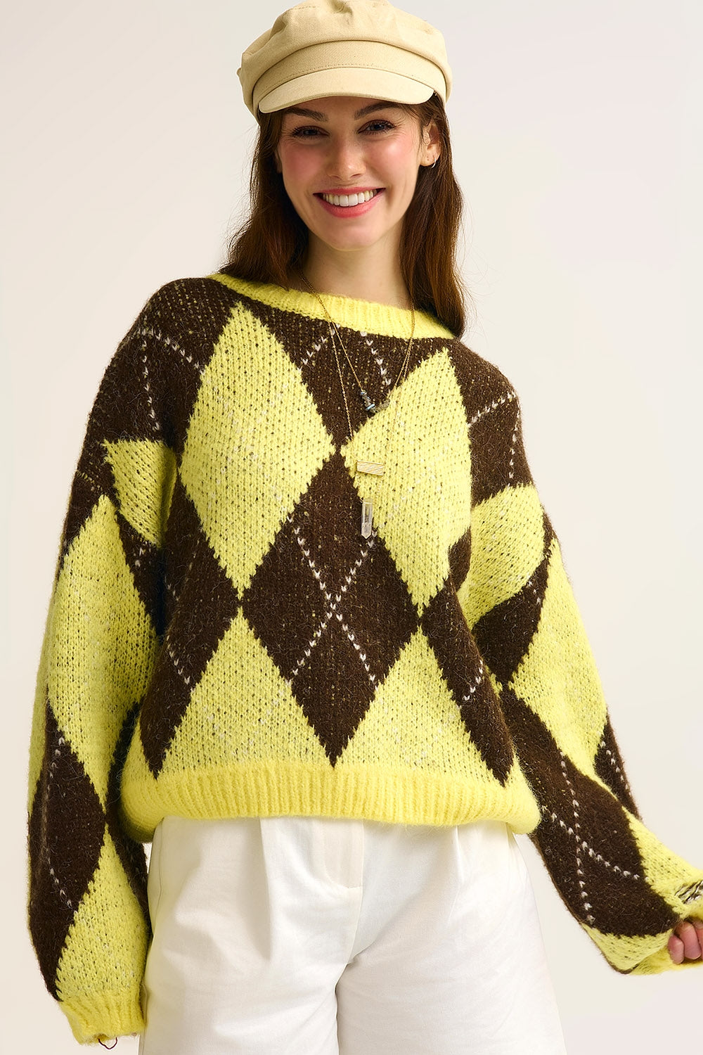 Q2 Yellow and Brown diamond Knit Sweater With Voluminous Sleeves