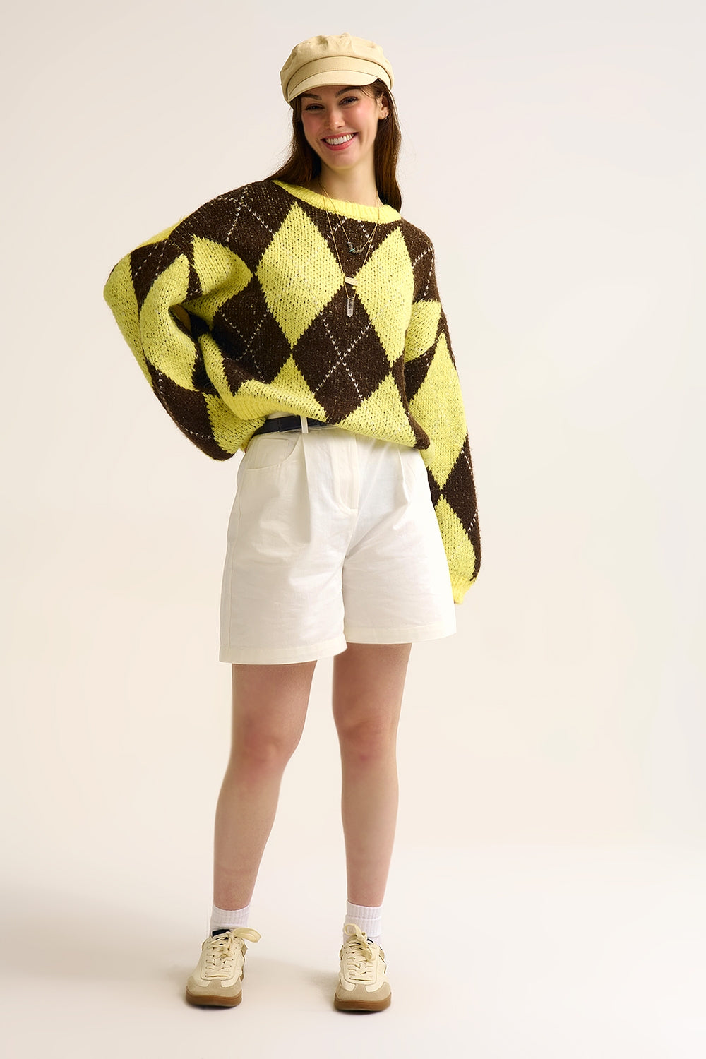Yellow and Brown diamond Knit Sweater With Voluminous Sleeves