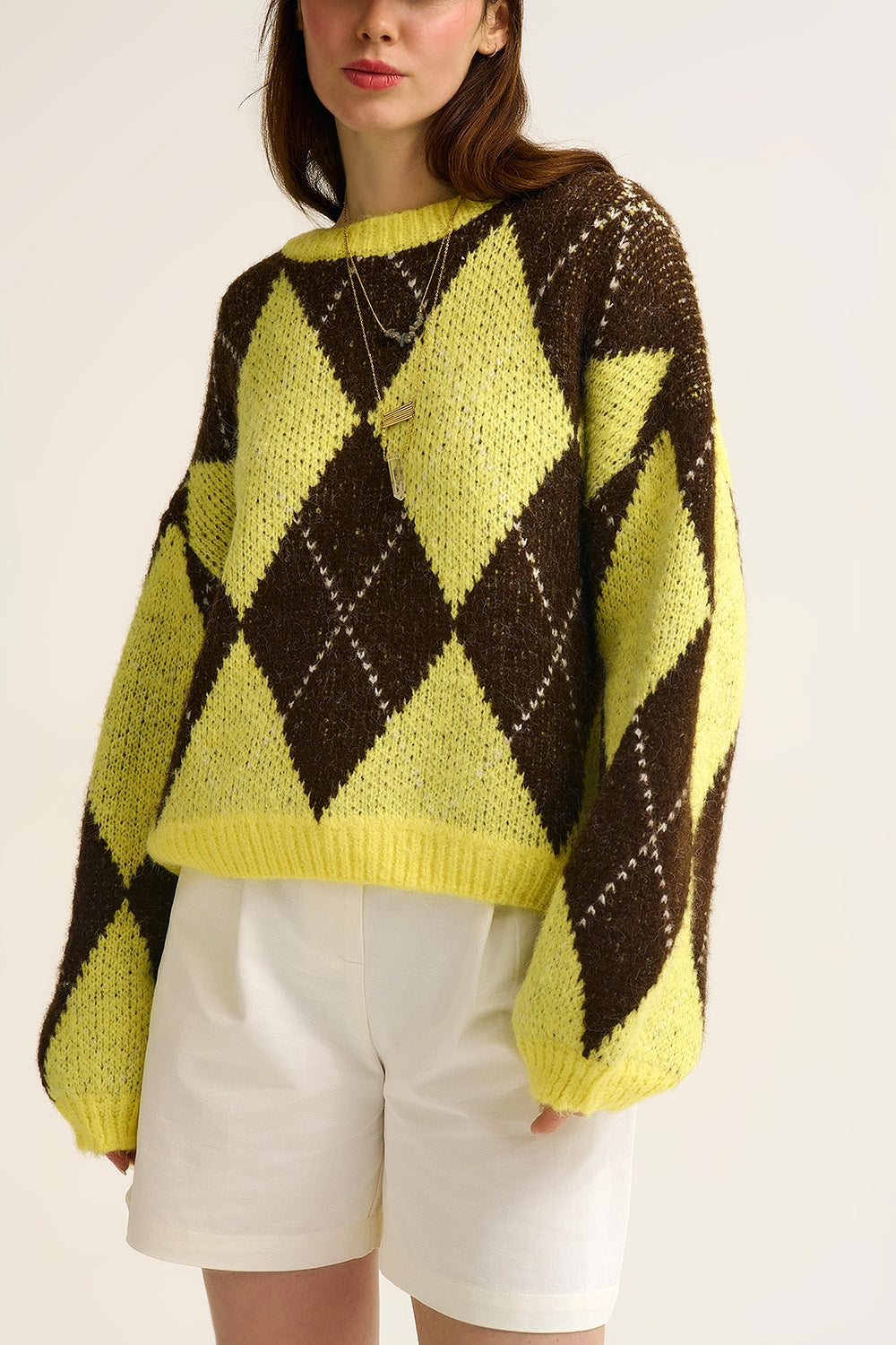 Yellow and Brown diamond Knit Sweater With Voluminous Sleeves