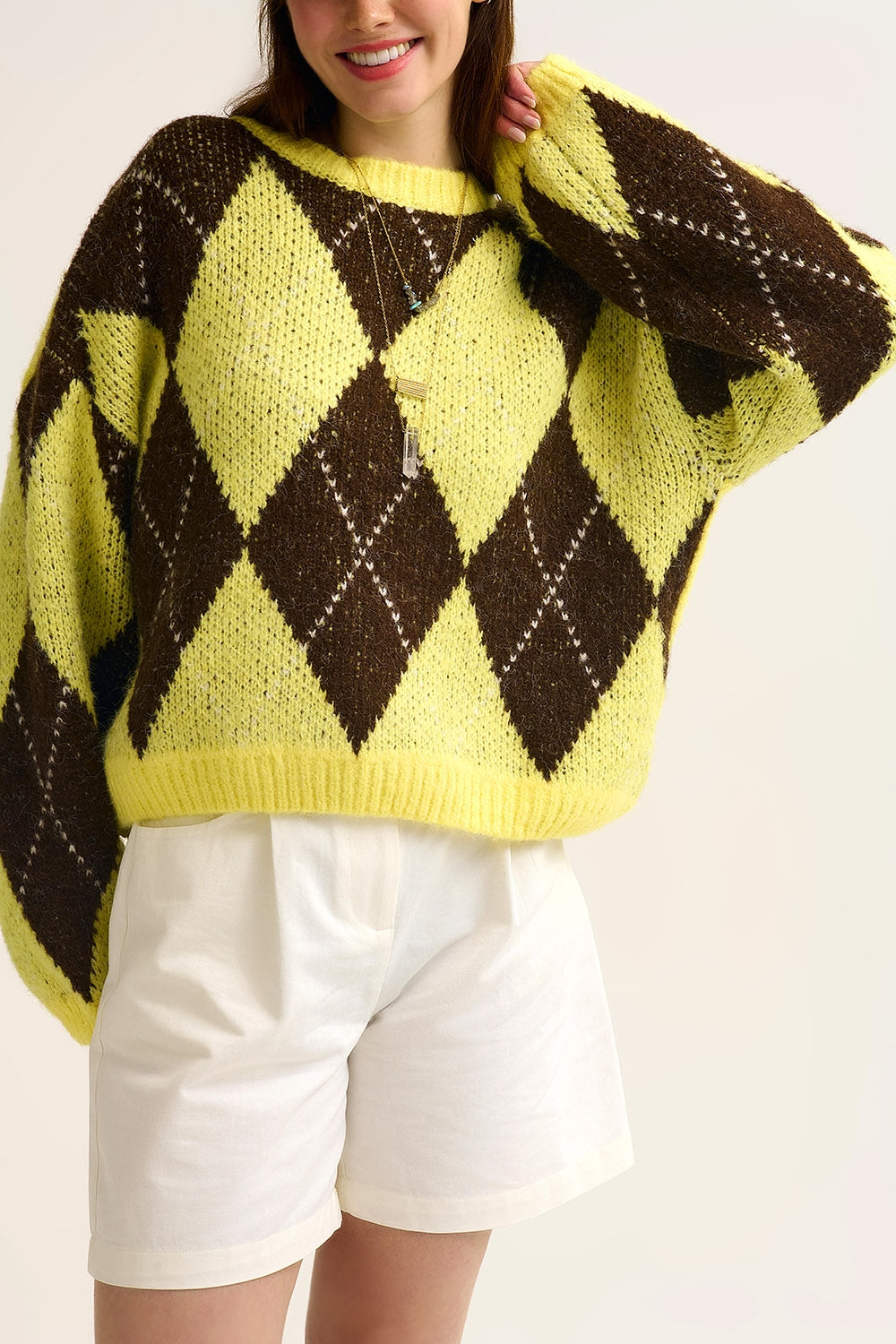 Yellow and Brown diamond Knit Sweater With Voluminous Sleeves