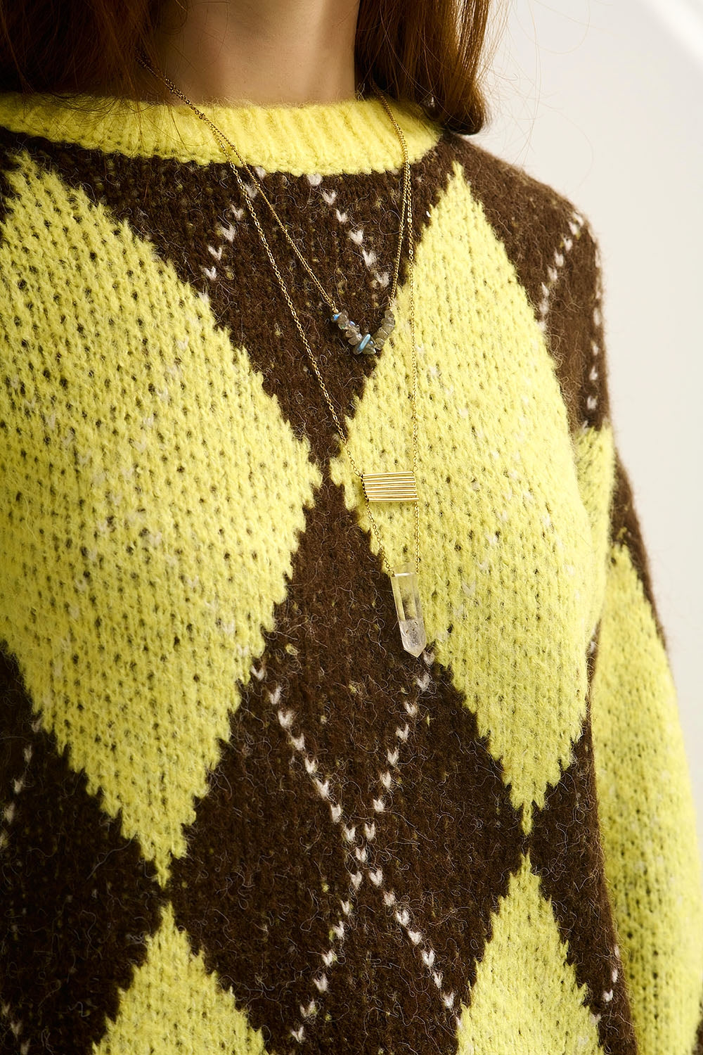 Yellow and Brown diamond Knit Sweater With Voluminous Sleeves