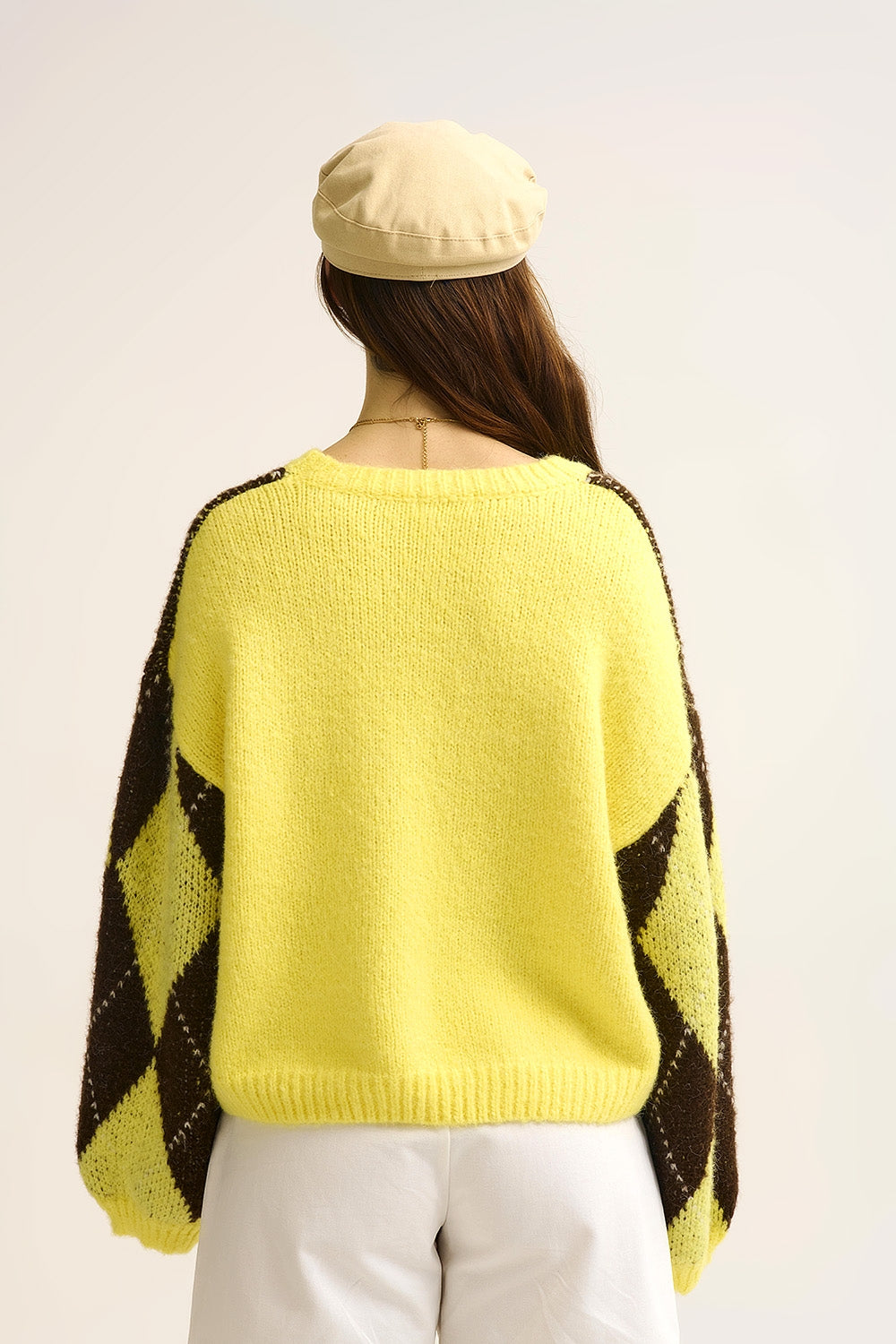 Yellow and Brown diamond Knit Sweater With Voluminous Sleeves