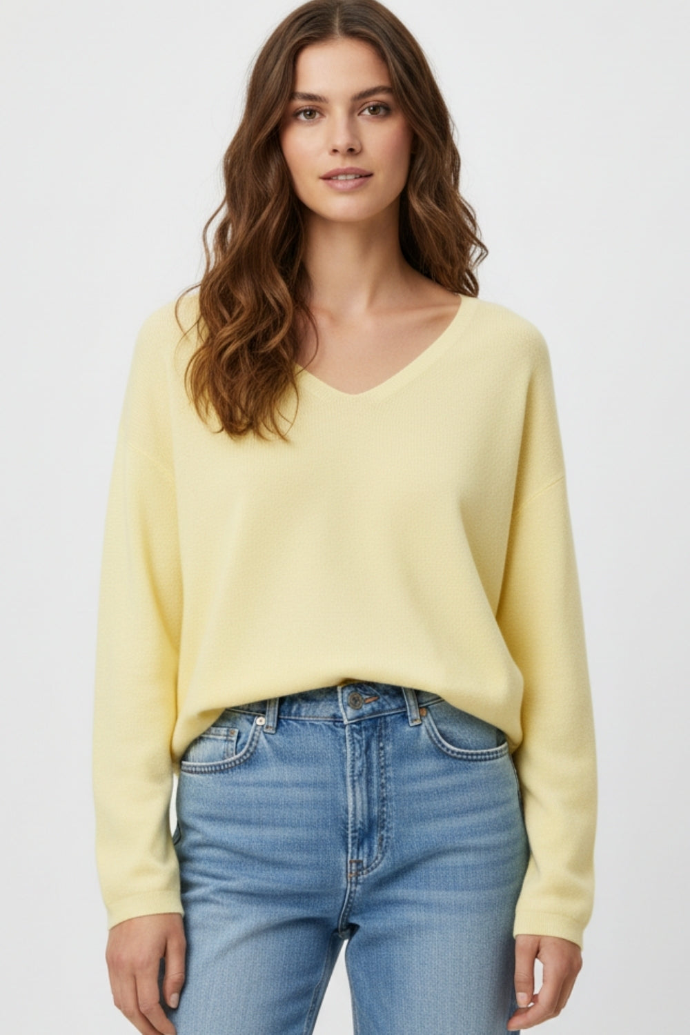 Yellow Fine Knit V-Neck Sweater with Subtle Linear Texture